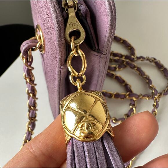 CHANEL Vintage Purple Quilted Suede Chain Link Shoulder Bag CC Logo Tassel Charm - Picture 7 of 16